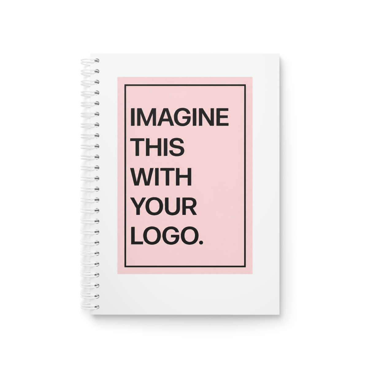 A stack of notebooks in various colours, including pink, yellow, and blue, are arranged on a light wood surface. The top Mugs is pink and features the text "IMAGINE THIS WITH YOUR LOGO." A pair of... - Official mugs merchandise